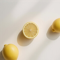 Poster - Bright yellow lemons, one halved, sit on a white surface with soft shadows. A minimalist, clean, and fresh food still life composition.