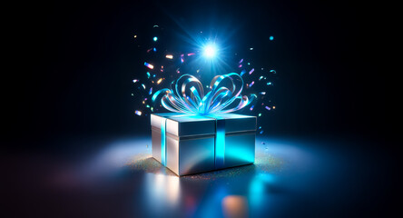 Wall Mural - a radiant gift box, adorned with a shimmering silver ribbon, emits a bright, magical glow in the dar