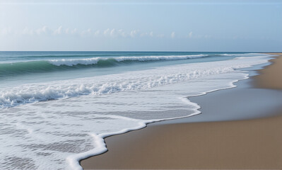 Aufkleber - A serene beach scene with gentle waves rolling onto the sandy shore under a clear blue sky. The foamy water creates a soft contrast against the golden sand.