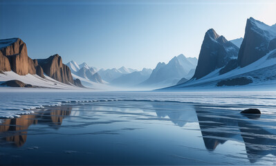 Poster - Snowy mountain peaks overlook a partially frozen lake reflecting the blue sky. Serene winter landscape with icy terrain and distant mountains.
