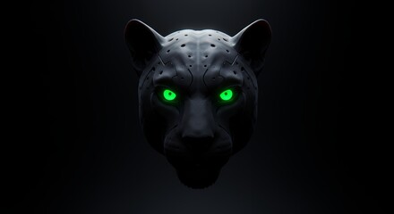 Poster - Robotic Panther Head with Glowing Green Eyes in the Dark Futuristic Illustration