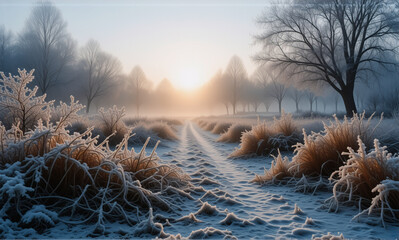Poster - A frosty path winds through a serene winter landscape as dawn breaks.  Trees and grass are covered in frost, bathed in soft morning light.
