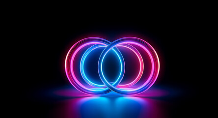 Poster - two luminous circles, intertwined, glow with vibrant pink and blue neon light. they rest on a dark r