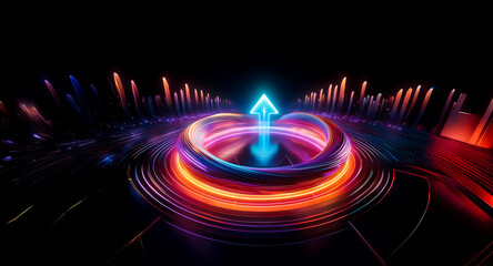 Aufkleber - vibrant abstract digital artwork displays a glowing circular form with an upward arrow, set against 