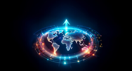 Aufkleber - a digital world map is encircled by vibrant, illuminated rings and a prominent upward arrow. blue an