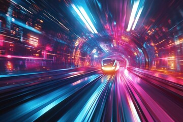 Poster - High-speed train gliding through a vibrant cyberpunk city with glowing neon reflections and dynamic motion blur at night
