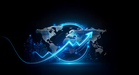 Aufkleber - Glowing blue arrow dynamically ascends over a world map against a dark backdrop, symbolizing global growth and positive trends in a modern, technological context.