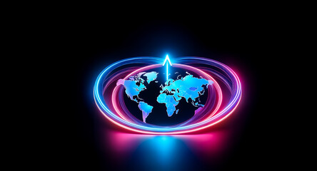 Aufkleber - illuminated world map encircled by vibrant neon rings and an upward arrow on a black backdrop. moder