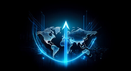 Poster - global digital network concept with a world map silhouette and a vibrant blue arrow pointing upwards