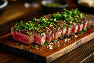 Aufkleber - Fresh marbled steak garnished with herbs on a wooden cutting board illuminated by deep contrast lighting