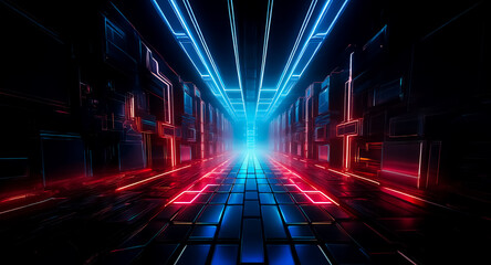 Poster - futuristic tunnel illuminated by vibrant neon lights in red and blue. perspective view of a dark cor