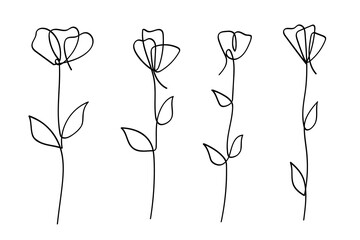 Poster - Hand drawn single line art flowers botanical collection.Vector illustration