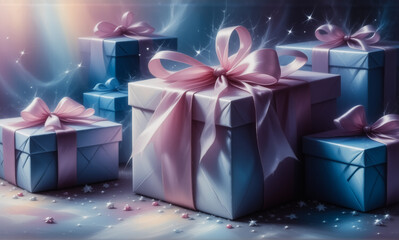 Fototapete - Elegant gift boxes adorned with pink ribbons are scattered against a dreamy, sparkling backdrop, creating a celebratory and magical atmosphere.