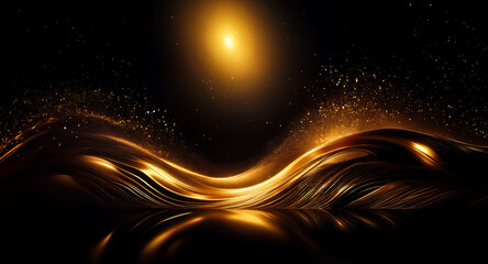 Aufkleber - elegant golden waves flow across a dark backdrop, illuminated by a bright light source, creating a l