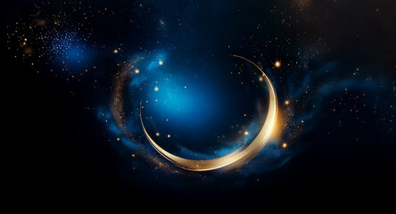 Wall Mural - a golden crescent moon shines brightly against a deep blue, star-filled night sky. the scene creates
