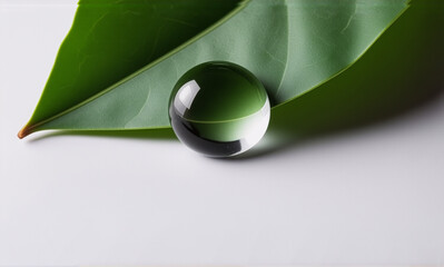 Aufkleber - a clear sphere rests upon a vibrant green leaf, showcasing a natural contrast of textures and colors