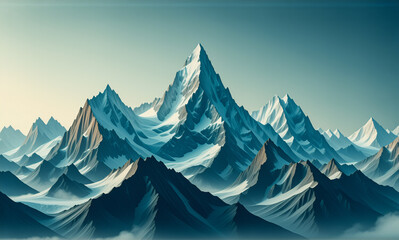 Poster - Snow-capped mountain peaks reach for the bright sky, fog drifts through valleys, creating a serene and scenic landscape view.
