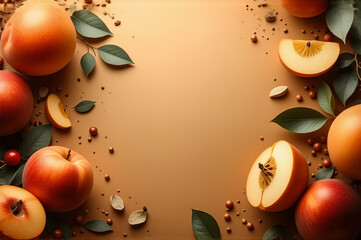 Aufkleber - A flat lay image showcases fresh peaches and apples, some whole and others sliced, interspersed with green leaves on a warm brown backdrop.  The arrangement provides a natural and inviting food-themed