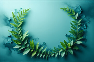 Poster - Green foliage gracefully composes a circular frame, set against a soothing blue backdrop. The natural elements create a tranquil and organic aesthetic.