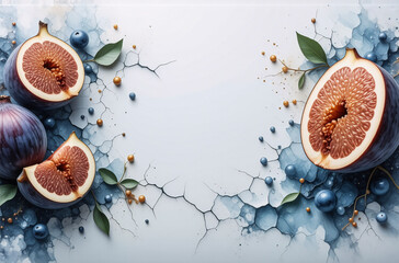 Poster - Ripe figs and blueberries arranged on a cracked blue and white surface with green leaves and golden accents create a fresh still life.