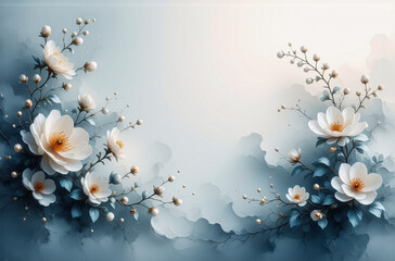 Poster - Gentle floral design featuring delicate white flowers with orange centers and blue leaves on a soft hazy blue and white background.