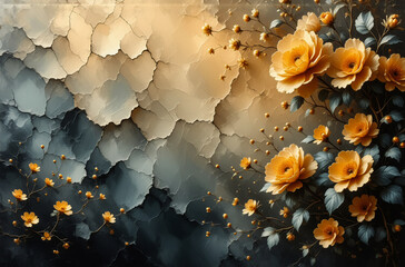 Poster - Elegant yellow flowers bloom against a textured grey and beige backdrop. Floral elements in an artistic style create a decorative and visually appealing image.
