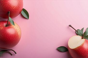 Aufkleber - Three red apples with green leaves are arranged on a pink surface. One apple has a bite taken out of it, showcasing fresh and vibrant fruit.