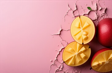 Aufkleber - Ripe mangoes, some halved and scored, are positioned on a textured, cracked pink surface.  A small green leaf adds a touch of nature. Bright, inviting, and delicious fruit.