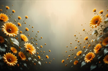 Poster - Bright yellow sunflowers with green leaves are scattered across a gradient backdrop, creating a soft, natural, and visually appealing floral arrangement.