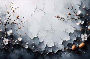 Wall Mural - branches with white flowers and buds frame a cracked, textured background in soft, muted tones of wh