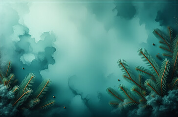 Poster - Teal winter background featuring pine branches at the corners. Cloudy texture and golden dots evoke a festive, cold atmosphere, suitable for holiday themes.