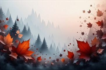Poster - Misty autumn forest scene with falling orange and red maple leaves. Evergreen trees recede into the foggy distance creating a serene and beautiful landscape.