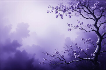 Poster - Dreamy purple blossoms adorn a silhouetted tree against a soft, cloudy backdrop.  A serene and artistic scene in violet and lavender hues.