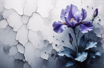 Wall Mural - elegant purple iris with soft petals and buds blooms against a textured, cracked, white and grey bac