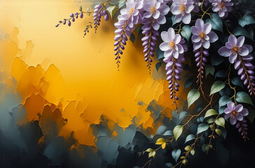 Aufkleber - Purple flowers cascade against a vibrant yellow and grey painted backdrop. Floral beauty and abstract art combine in a visually appealing composition.