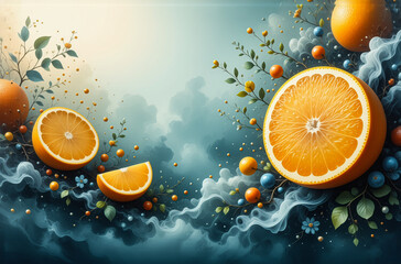 Poster - Oranges and orange slices float among leaves and abstract smoke against a dreamy blue background.