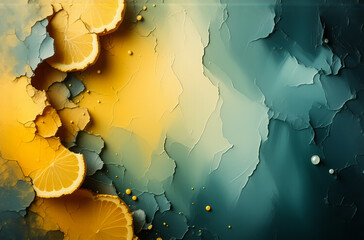 Poster - Lemon slices are arranged against a textured yellow and blue-green backdrop, creating an abstract and refreshing visual with scattered pearl-like dots.