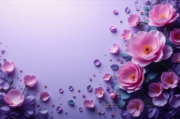 Poster - A beautiful floral arrangement features pink and purple flowers with delicate petals and green leaves on a soft light purple backdrop. This image evokes a sense of gentle beauty.
