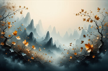 Aufkleber - A tranquil scenery with layered misty mountains and delicate trees adorned with golden autumn leaves. Soft light filters through a serene and painterly vista.