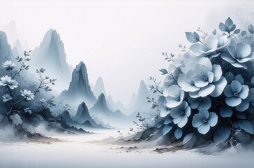 Poster - Serene misty landscape featuring blue mountains fading into the distance. Delicate flowers bloom in the foreground, creating a tranquil and ethereal atmosphere. Watercolor style painting.