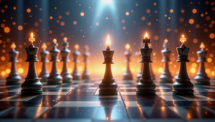 Poster - Chess pieces stand on a chessboard, illuminated by warm glowing light from above. Dramatic bokeh background evokes strategy and game.