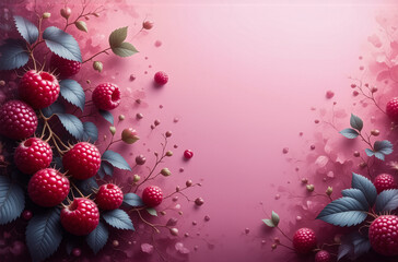 Poster - Luscious raspberries and green leaves on a soft pink backdrop create a fresh, delicate, and natural design with a romantic feel.