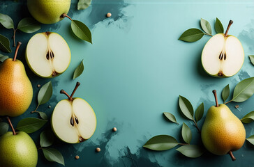 Aufkleber - Fresh pears and pear halves with green leaves are arranged on a blue painted background. Healthy food and natural elements are highlighted.