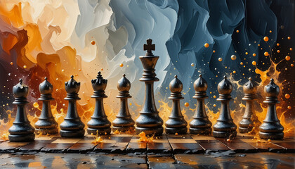 Poster - A line of chess pieces stands poised on a wooden board, set against a vibrant backdrop of swirling orange, blue, and white abstract colors, creating a dramatic and artistic scene.