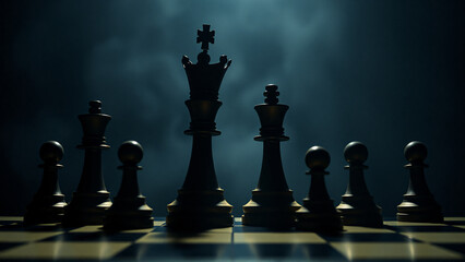 Poster - Dramatic low-key lighting illuminates a group of dark chess pieces, with the king prominently centered on a chessboard against a smoky, dark background.