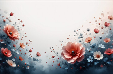 Aufkleber - Gentle floral art featuring delicate pink and white blossoms with blue stems and leaves. Soft gradient background creates a serene and elegant decorative image.