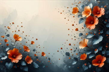 Poster - Watercolor floral art features vibrant orange flowers and cool blue leaves. A soft, gentle background creates a peaceful and decorative design.