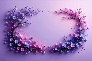 Poster - Delicate floral frame with pink and purple blossoms on branches, creating a soft, elegant border against a light lavender backdrop.
