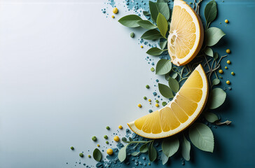 Poster - Fresh lemon slices and green leaves are decoratively arranged on a gradient blue background, creating a vibrant and refreshing natural border.