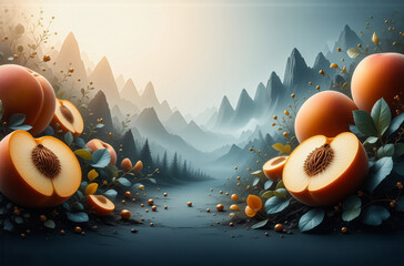 Poster - Ripe peaches and halves with pits are scattered across a dreamy landscape with soft lighting and misty mountains in the distance. A surreal and natural scene.